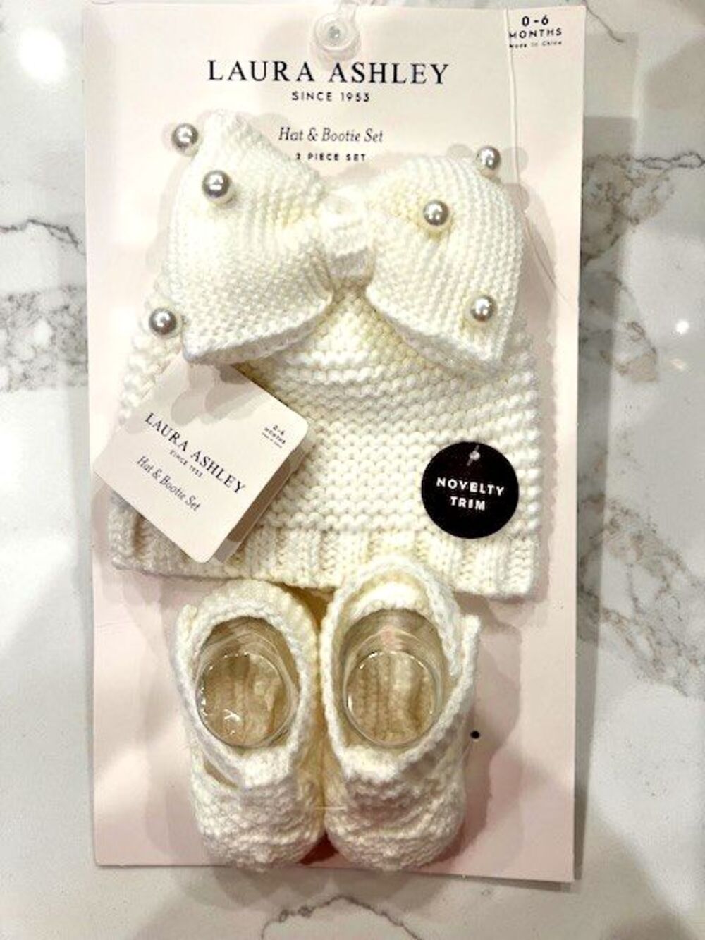 Laura Ashley Knit Baby Girl Ivory Hat with Pearls & Booties 2 Piece Set 0-6 M